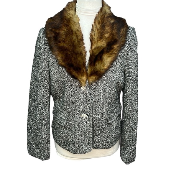 Black Rivet Faux Fur Collar Tweed Jacket - Picture 1 of 7